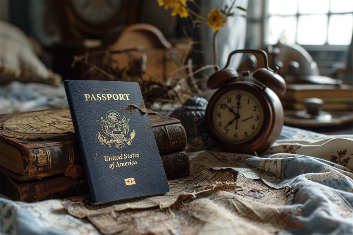 Worn passport resting beside vintage books and a classic bell alarm clock